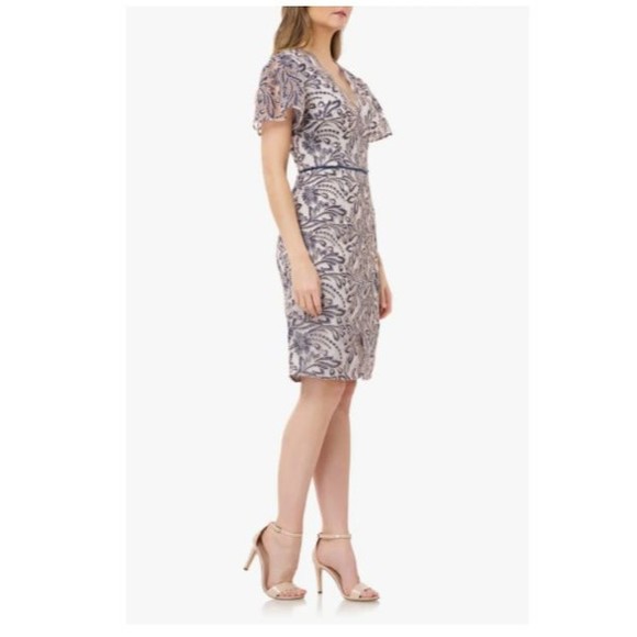 JS COLLECTIONS Navy Sky Blue Embroidered Soutache Flutter Sleeve V-Neck Dress 2 - Picture 2 of 3